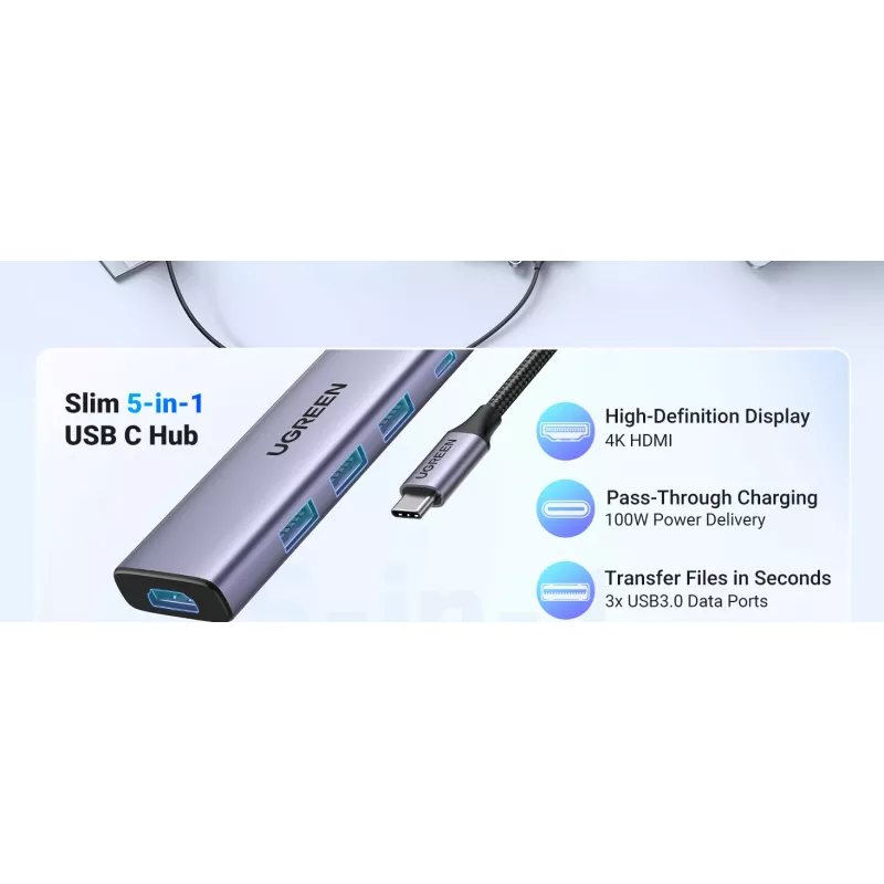 USB Type-C stotelė UGREEN 20956A su HDMI ir USB 3.0, 5 Gbps, 4K 3840x2160, sidabrinė