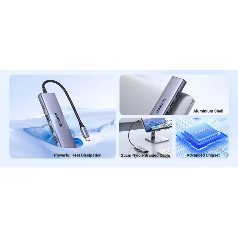 USB Type-C stotelė UGREEN 20956A su HDMI ir USB 3.0, 5 Gbps, 4K 3840x2160, sidabrinė