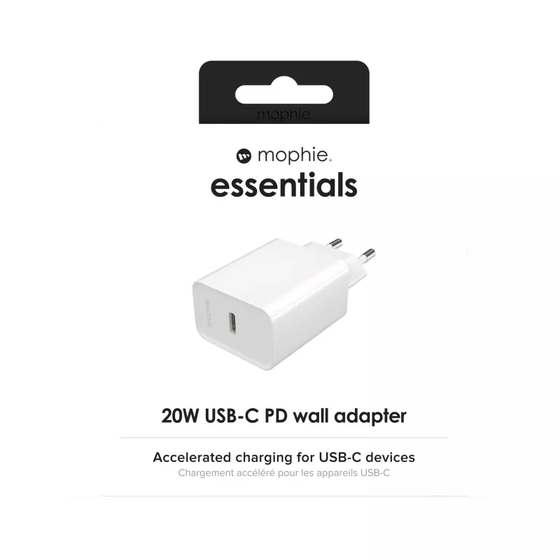 mophie essentials 20W USB-C PD sieninis adapteris, universalus, baltas, greitas įkrovimas, patalpoms