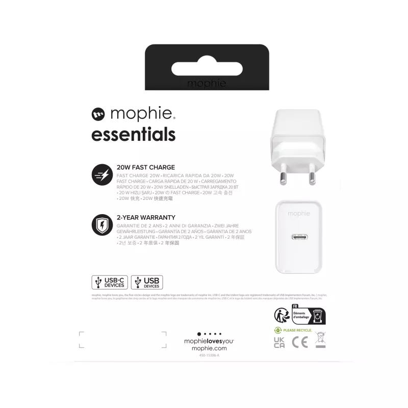mophie essentials 20W USB-C PD sieninis adapteris, universalus, baltas, greitas įkrovimas, patalpoms