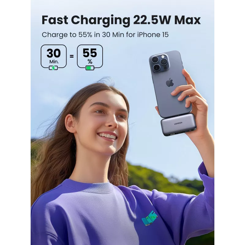 Nešiojamas įkroviklis UGREEN 35338, 5000 mAh, pilka, mobilusis akumuliatorius išmaniajam telefonui, vieno įrenginio išvestis