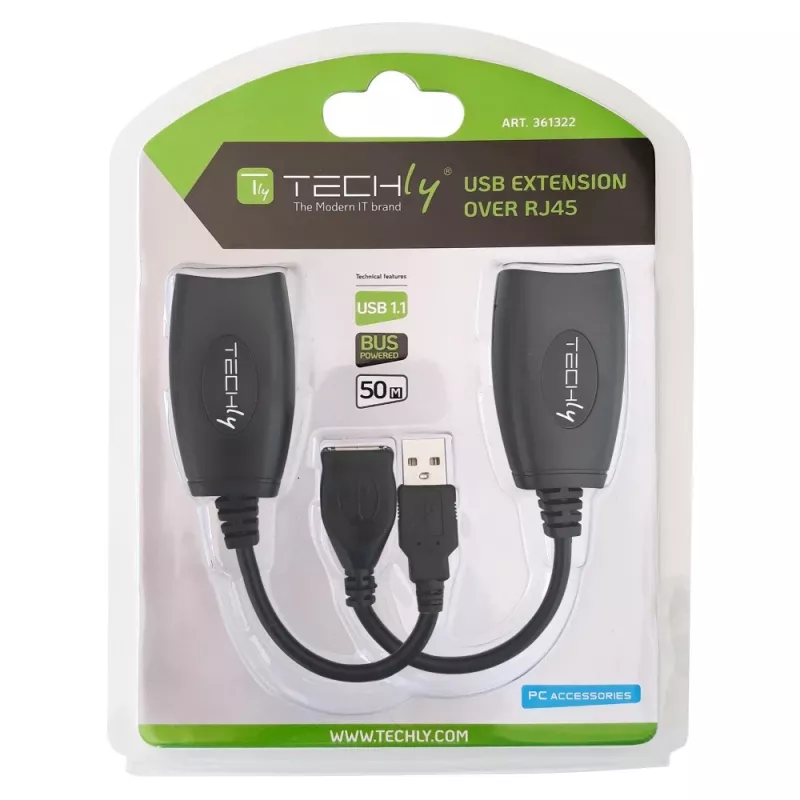 Techly IUSB-EXTENDTY5 USB ilgintuvas per Cat.5e/6 kabelį iki 50 m, USB Type-A – RJ-45, USB 1.1, nereikia maitinimo šaltinio, juodas