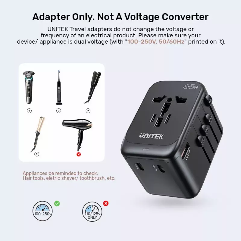 Universalus kelioninis adapteris UNITEK P1122ABK01 Juodas, C tipas, G, I