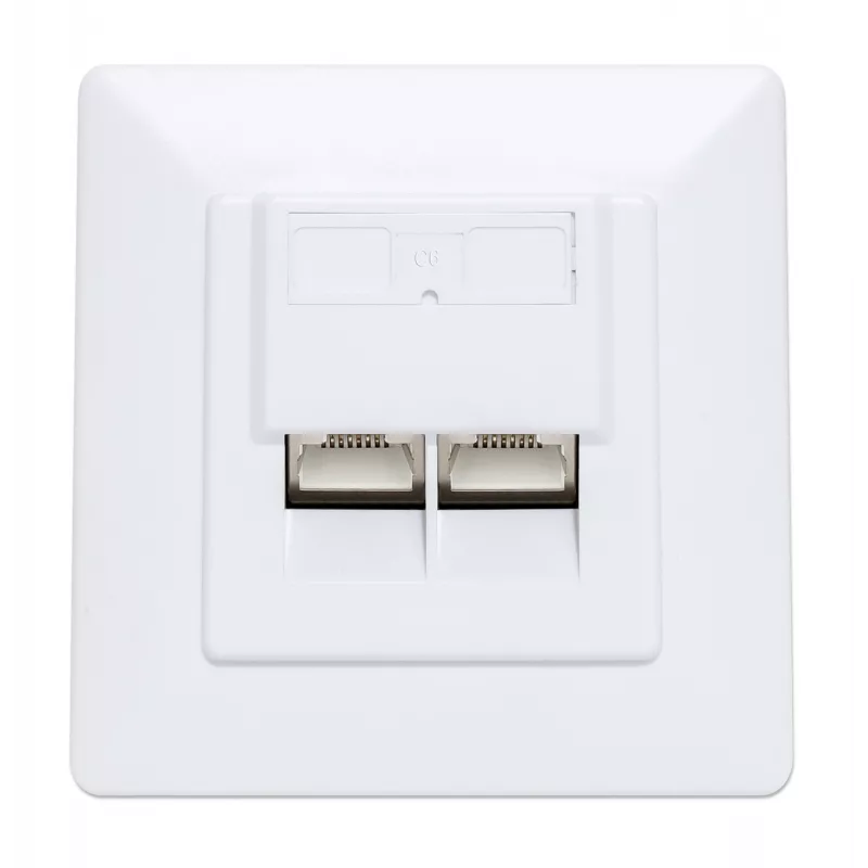 Intellinet 2 prievadų Cat6 10G ekranuota RJ45 sieninė jungtis su dangteliu, STP, signalinė balta RAL9003