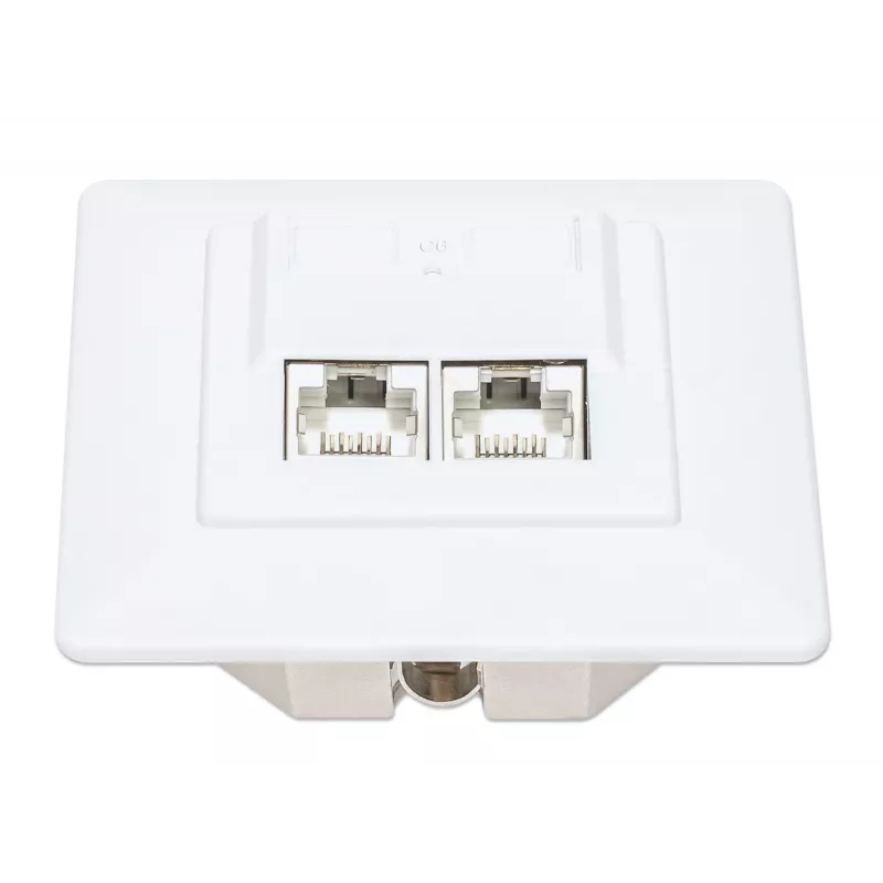 Intellinet 2 prievadų Cat6 10G ekranuota RJ45 sieninė jungtis su dangteliu, STP, signalinė balta RAL9003