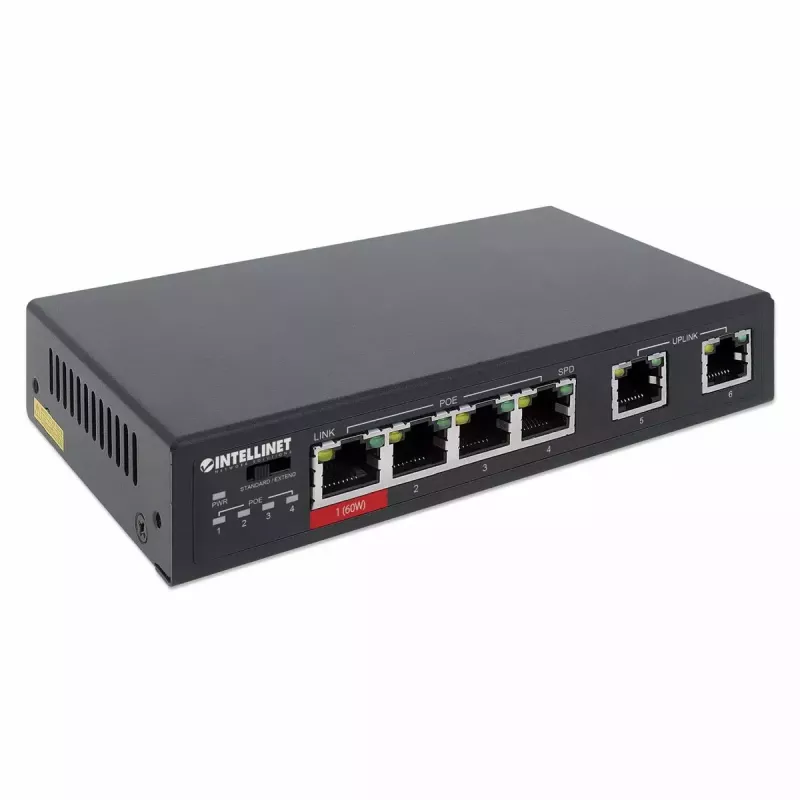 Intellinet 6-Port Fast Ethernet Switch su 4 PoE prievadais 65W galios biudžetas