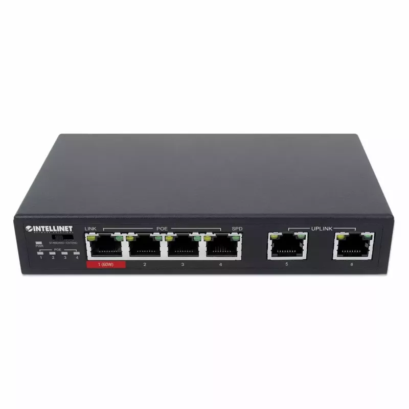 Intellinet 6-Port Fast Ethernet Switch su 4 PoE prievadais 65W galios biudžetas