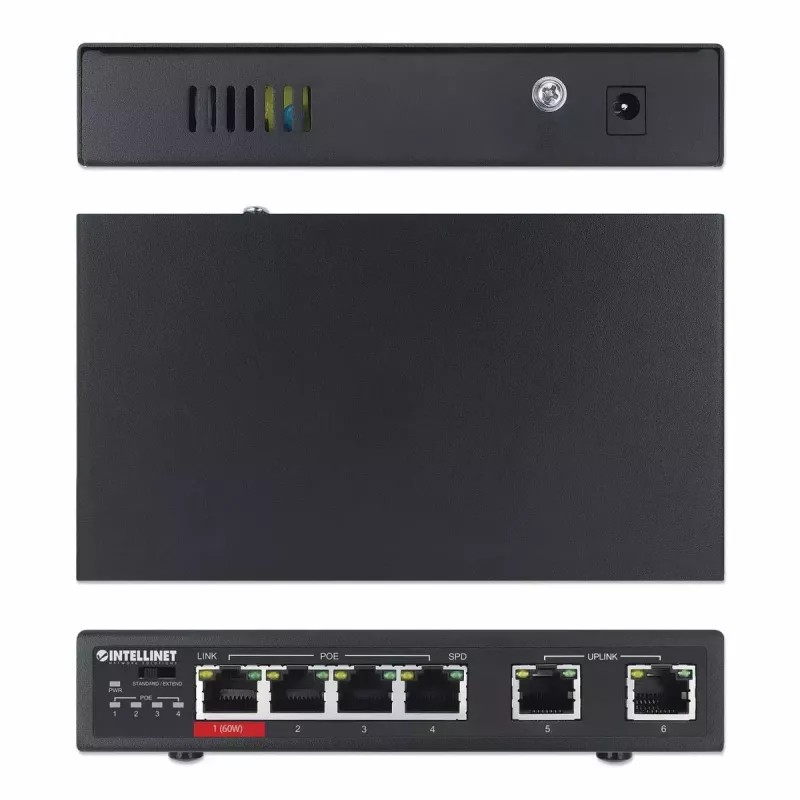 Intellinet 6-Port Fast Ethernet Switch su 4 PoE prievadais 65W galios biudžetas