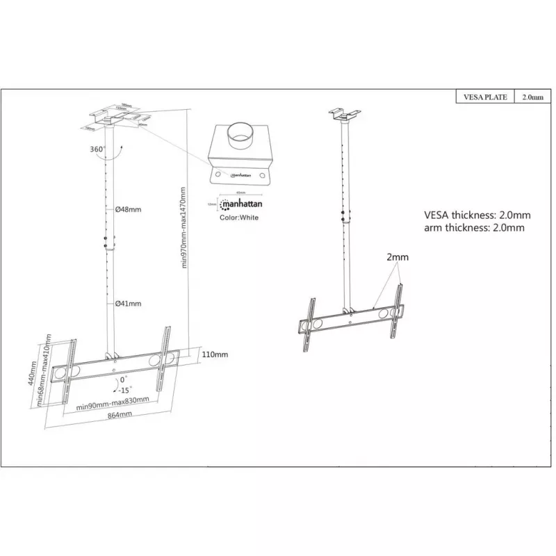 Manhattan lubinis laikiklis televizoriams ir monitoriams, 37–75 colių, aukštis reguliuojamas 105–156 cm, VESA 200x200–800x400 mm, max 50 kg, juodas