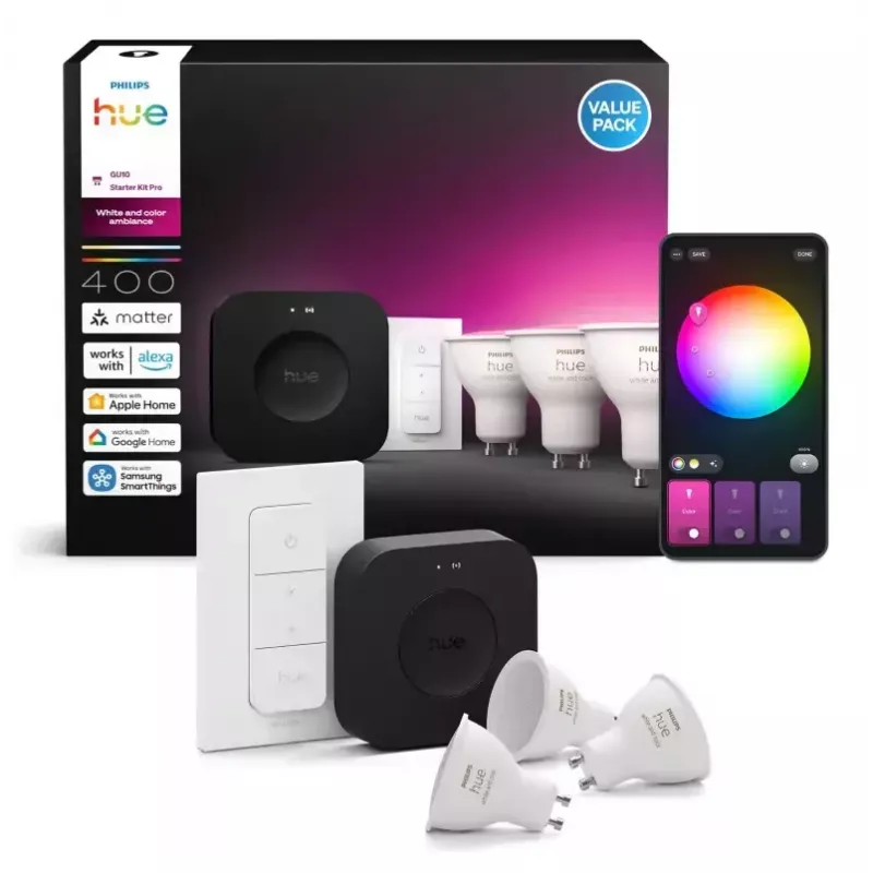 Philips Hue White and colour ambience pradinis rinkinys: 3 GU10 lemputės + reguliatorius + Bridge Pro