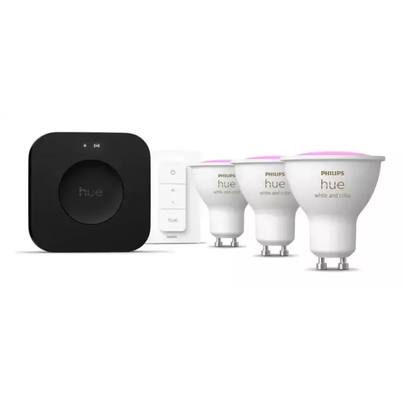 Philips Hue White and colour ambience pradinis rinkinys: 3 GU10 lemputės + reguliatorius + Bridge Pro