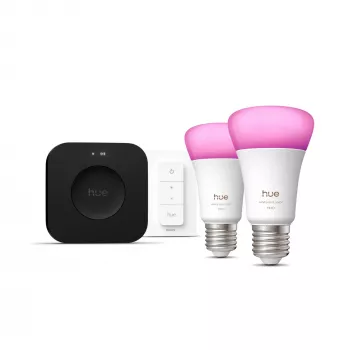 Philips Hue White and colour ambience pradinis rinkinys: 2 E27 išmaniosios lemputės + reguliatoriaus jungiklis + Bridge Pro