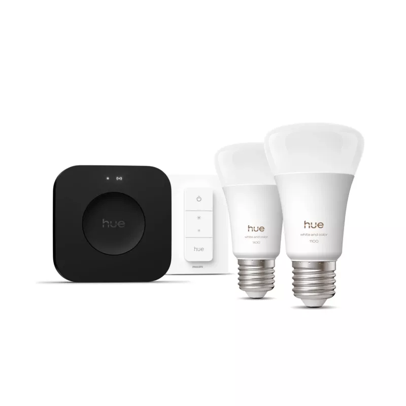 Philips Hue White and colour ambience pradinis rinkinys: 2 E27 išmaniosios lemputės + reguliatoriaus jungiklis + Bridge Pro