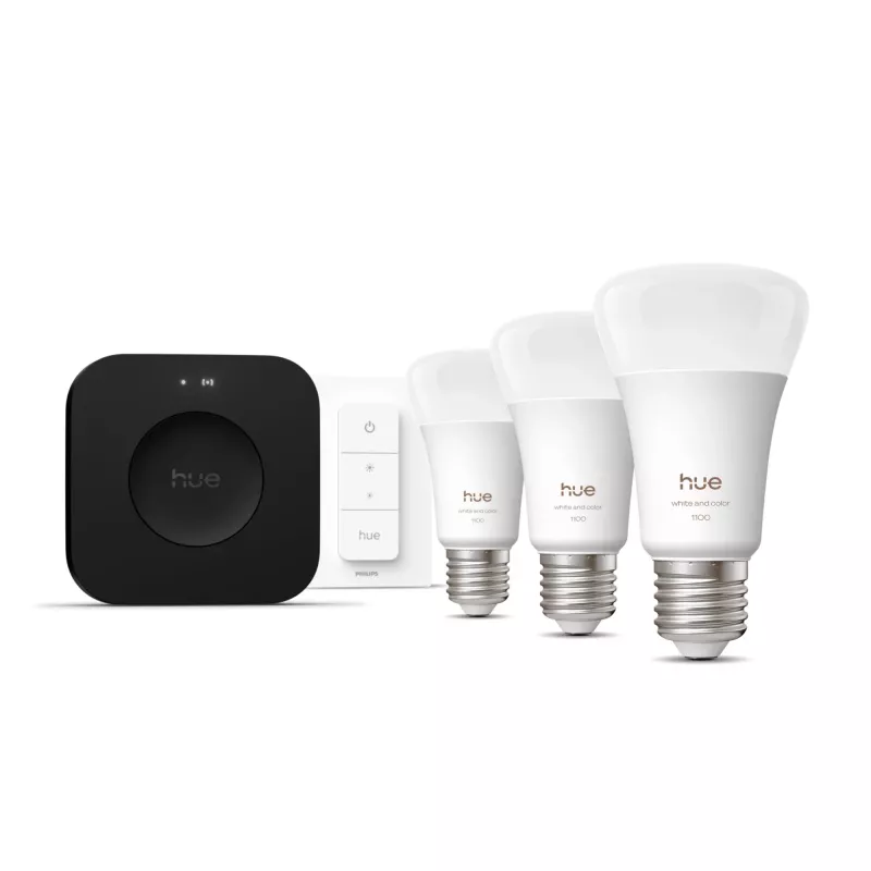 Philips Hue White and Colour Ambience pradinis rinkinys – 3 E27 išmaniosios lemputės, reguliatorius, Bridge Pro, Bluetooth / Zigbee