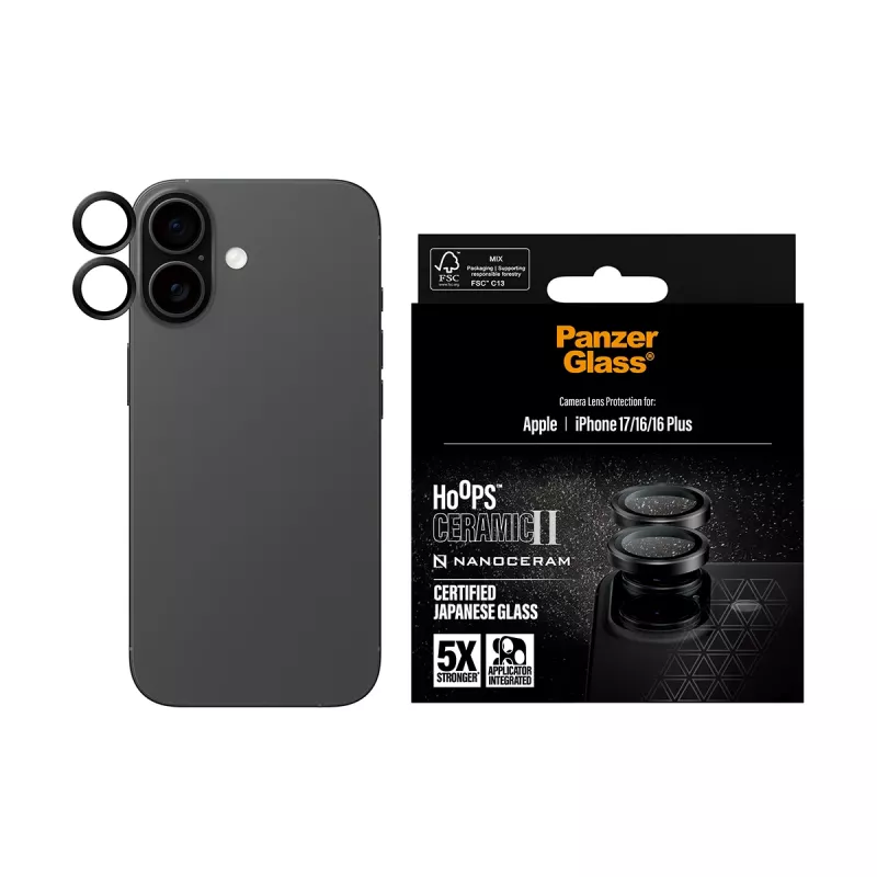 Apsauginis fotoaparato objektyvo stikliukas PanzerGlass Hoops Ceramic II, skirtas iPhone 17, 16, 16 Plus – atsparus įbrėžimams ir smūgiams