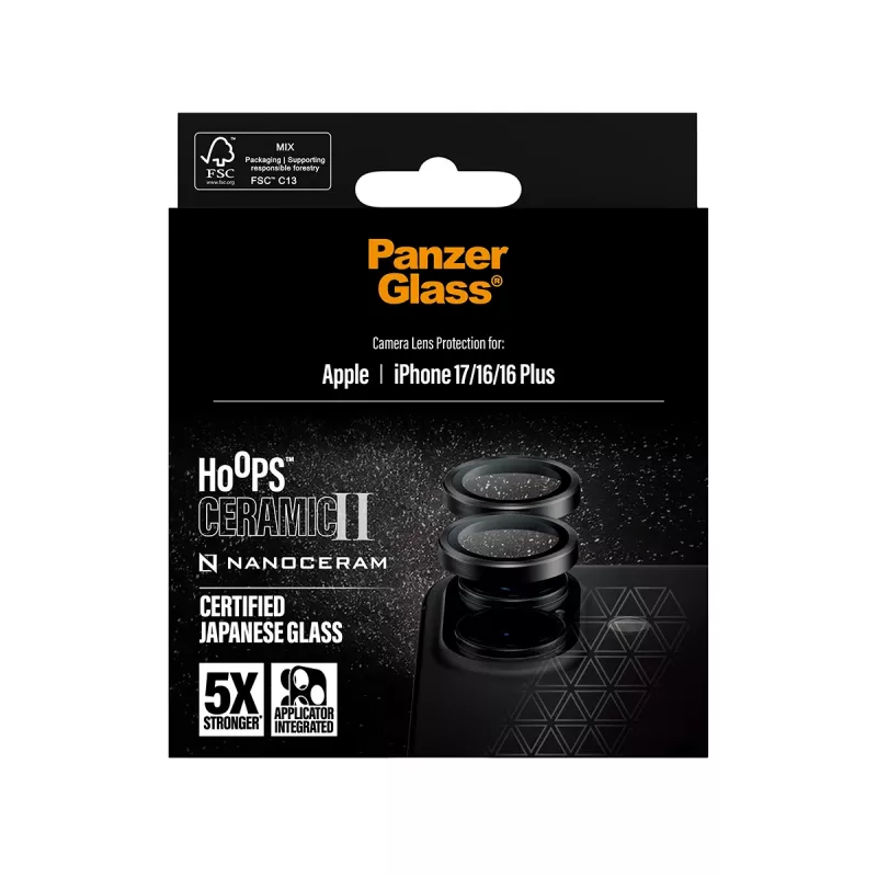 Apsauginis fotoaparato objektyvo stikliukas PanzerGlass Hoops Ceramic II, skirtas iPhone 17, 16, 16 Plus – atsparus įbrėžimams ir smūgiams