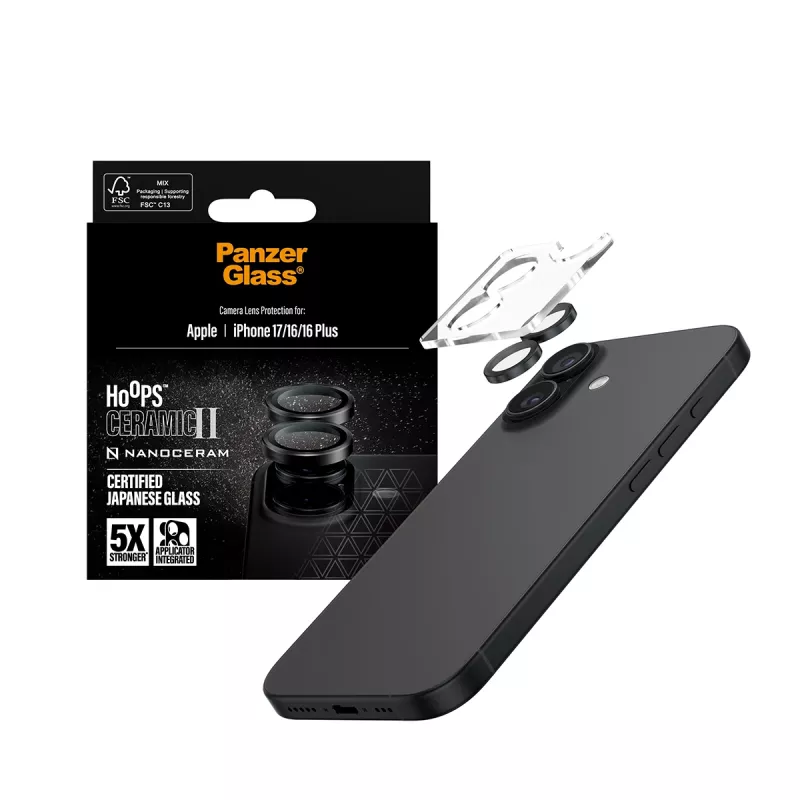 Apsauginis fotoaparato objektyvo stikliukas PanzerGlass Hoops Ceramic II, skirtas iPhone 17, 16, 16 Plus – atsparus įbrėžimams ir smūgiams