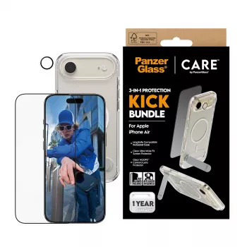 PanzerGlass CARE 3-in-1 Feature Kick apsaugos rinkinys iPhone Air – grūdintas stiklas, PET, silikonas, skaidrus