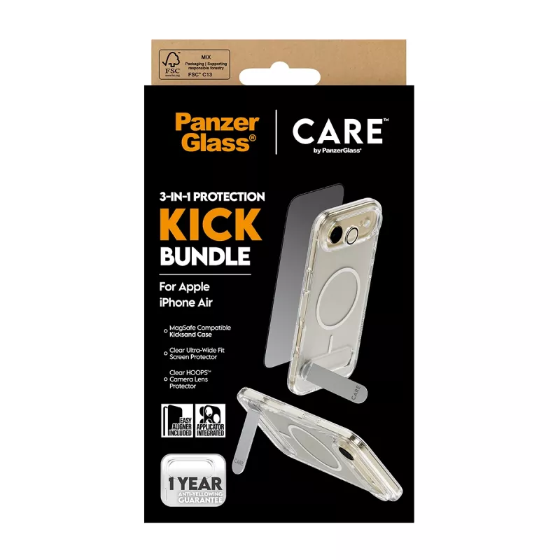 PanzerGlass CARE 3-in-1 Feature Kick apsaugos rinkinys iPhone Air – grūdintas stiklas, PET, silikonas, skaidrus