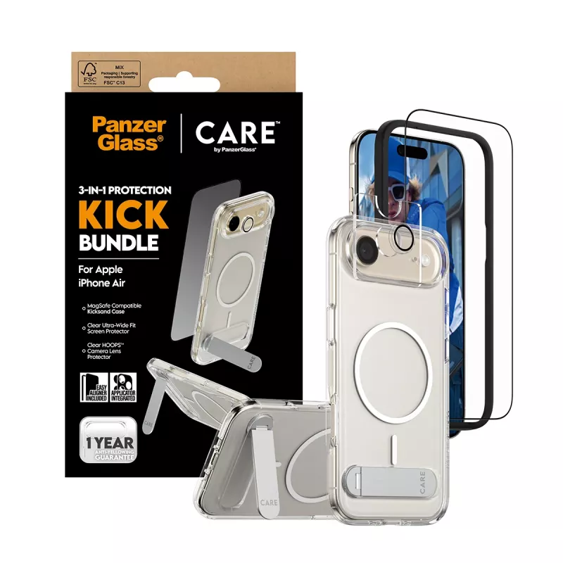 PanzerGlass CARE 3-in-1 Feature Kick apsaugos rinkinys iPhone Air – grūdintas stiklas, PET, silikonas, skaidrus