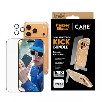 Apsauginis dėklas PanzerGlass CARE Feature Kick 3w1, skirtas iPhone 17 Pro, su stikliniu objektyvo dangteliu