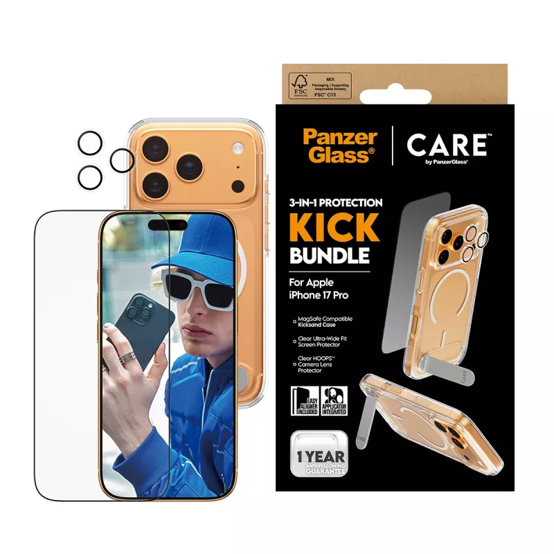 Apsauginis dėklas PanzerGlass CARE Feature Kick 3w1, skirtas iPhone 17 Pro, su stikliniu objektyvo dangteliu