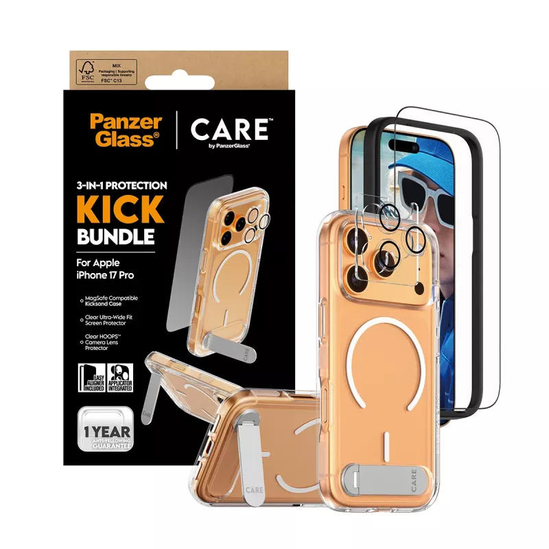 Apsauginis dėklas PanzerGlass CARE Feature Kick 3w1, skirtas iPhone 17 Pro, su stikliniu objektyvo dangteliu