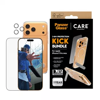 Apsauginis stiklas ir dėklas PanzerGlass CARE 3-in-1 Feature Kick, skirtas iPhone 17 Pro Max – grūdintas stiklas, PET, silikonas, permatomas