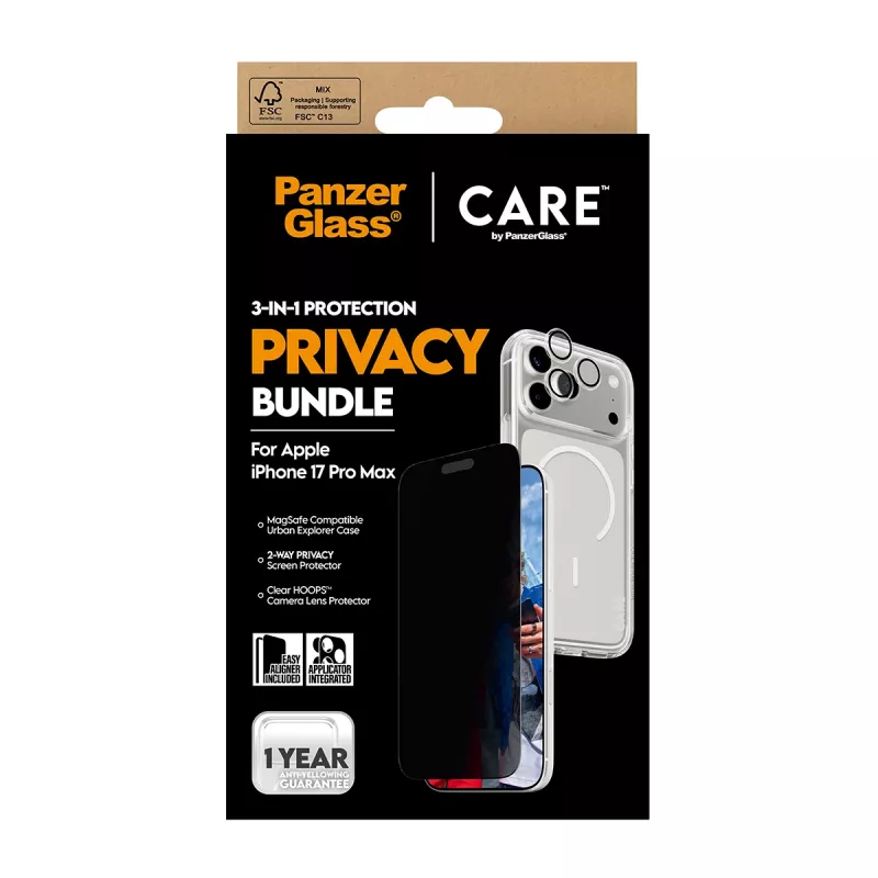PanzerGlass CARE 3-in-1 Flagship Privacy Bundle iPhone 17 Pro Max – apsauginis dėklas su privatumo filtru