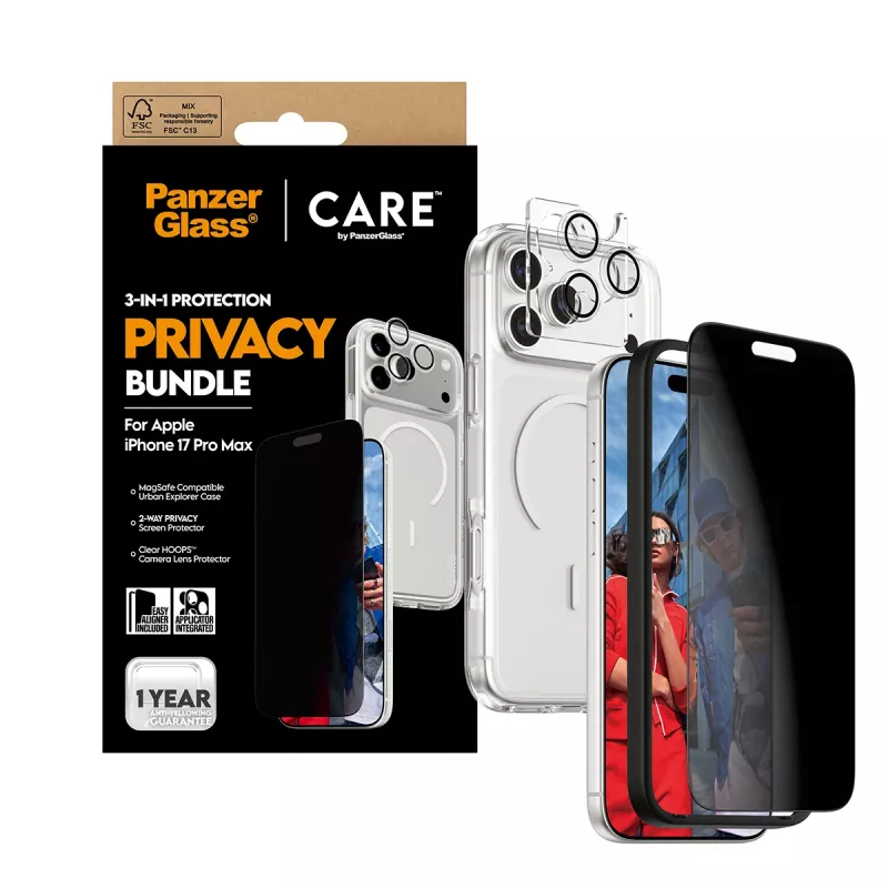 PanzerGlass CARE 3-in-1 Flagship Privacy Bundle iPhone 17 Pro Max – apsauginis dėklas su privatumo filtru