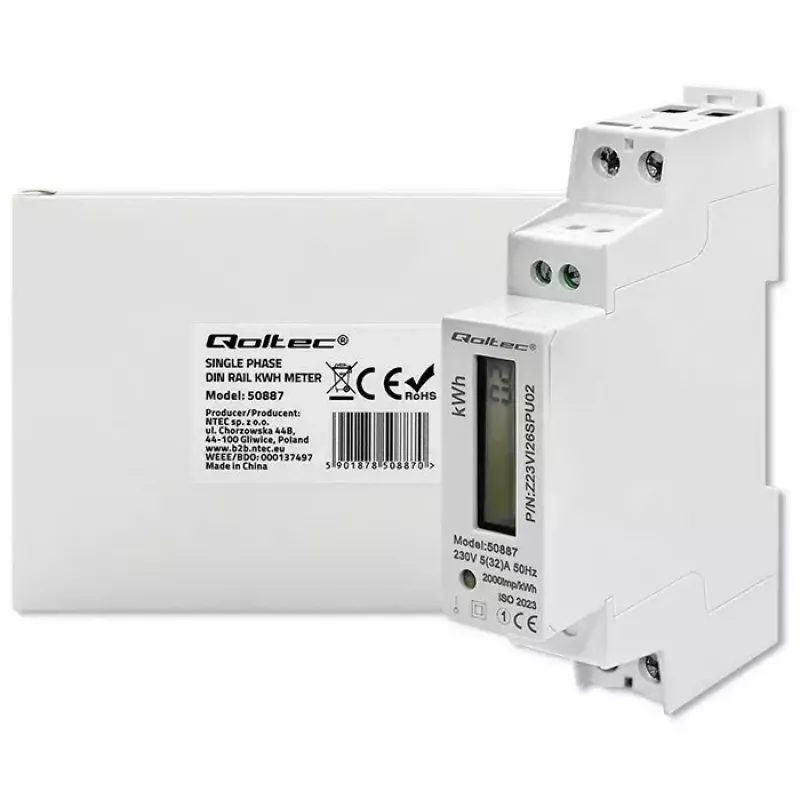 Vienfazis elektros energijos skaitiklis QOLTEC 50887 1 fazė 230V LCD plonas