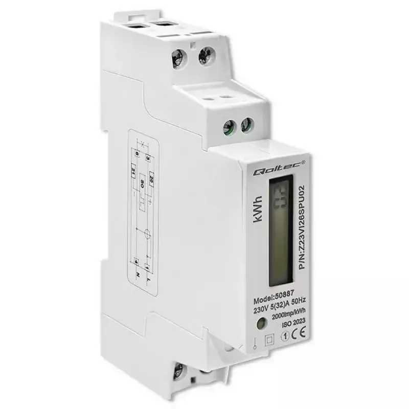 Vienfazis elektros energijos skaitiklis QOLTEC 50887 1 fazė 230V LCD plonas