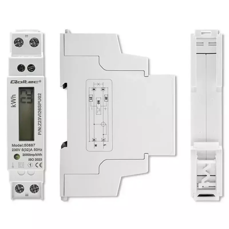 Vienfazis elektros energijos skaitiklis QOLTEC 50887 1 fazė 230V LCD plonas