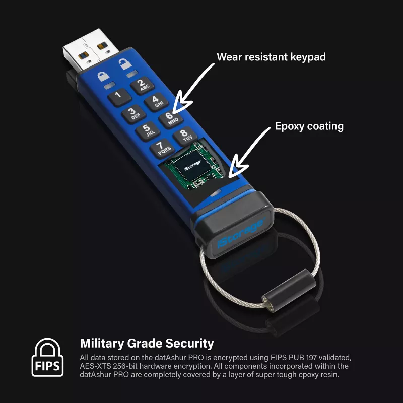 iStorage datAshur PRO 256 bit 32 GB USB 3.0 šifruota atmintinė IS-FL-DA3-256-32