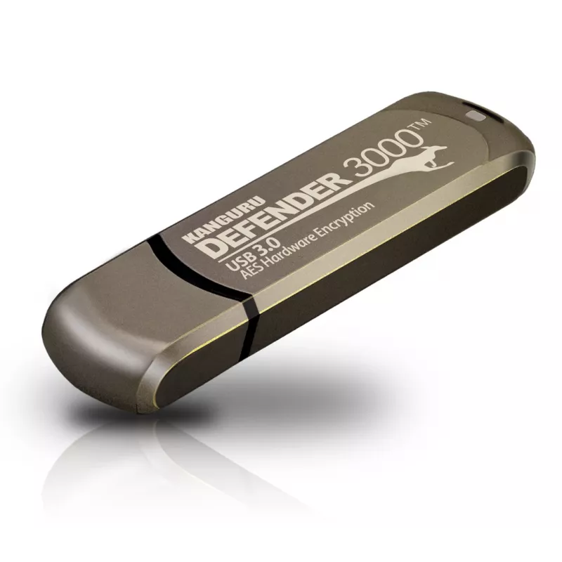 Kanguru Defender 3000™ SuperSpeed USB 3.0 32 GB | Saugus USB atmintukas su šifravimu | FIPS 140-3 Level 3 laukiamas, FIPS 140-2 Level 3 sertifikuotas | AES-XTS 256 bitų aparatinė šifracija | TAA atitikmuo
