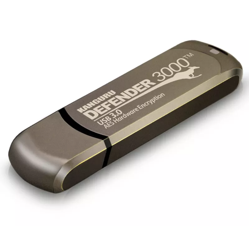 Kanguru Defender 3000™ SuperSpeed USB 3.0 32 GB | Saugus USB atmintukas su šifravimu | FIPS 140-3 Level 3 laukiamas, FIPS 140-2 Level 3 sertifikuotas | AES-XTS 256 bitų aparatinė šifracija | TAA atitikmuo