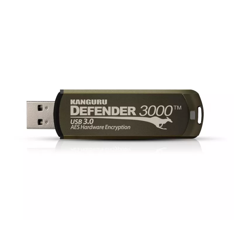 Kanguru Defender 3000™ SuperSpeed USB 3.0 32 GB | Saugus USB atmintukas su šifravimu | FIPS 140-3 Level 3 laukiamas, FIPS 140-2 Level 3 sertifikuotas | AES-XTS 256 bitų aparatinė šifracija | TAA atitikmuo