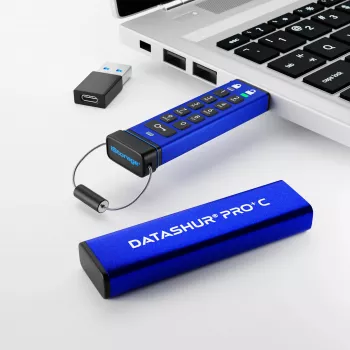 iStorage datAshur PRO+C 128GB | FIPS 140-3 Level 3 sertifikuotas | Saugus USB Type-C atmintukas | AES-XTS 256 bitų aparatinė šifracija | Apsaugotas PIN kodu | Su Type C-A adapteriu