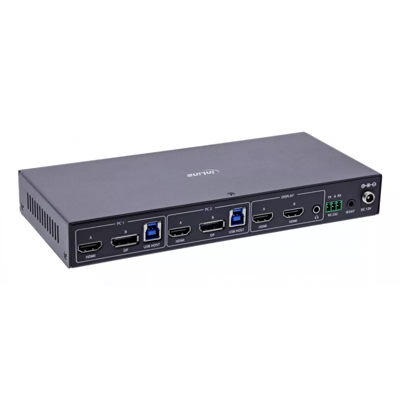 InLine 57885G KVM jungiklis, 2 prievadai, HDMI & DisplayPort, 4K@60Hz, dviejų monitorių, montavimui į stelažą, juodas