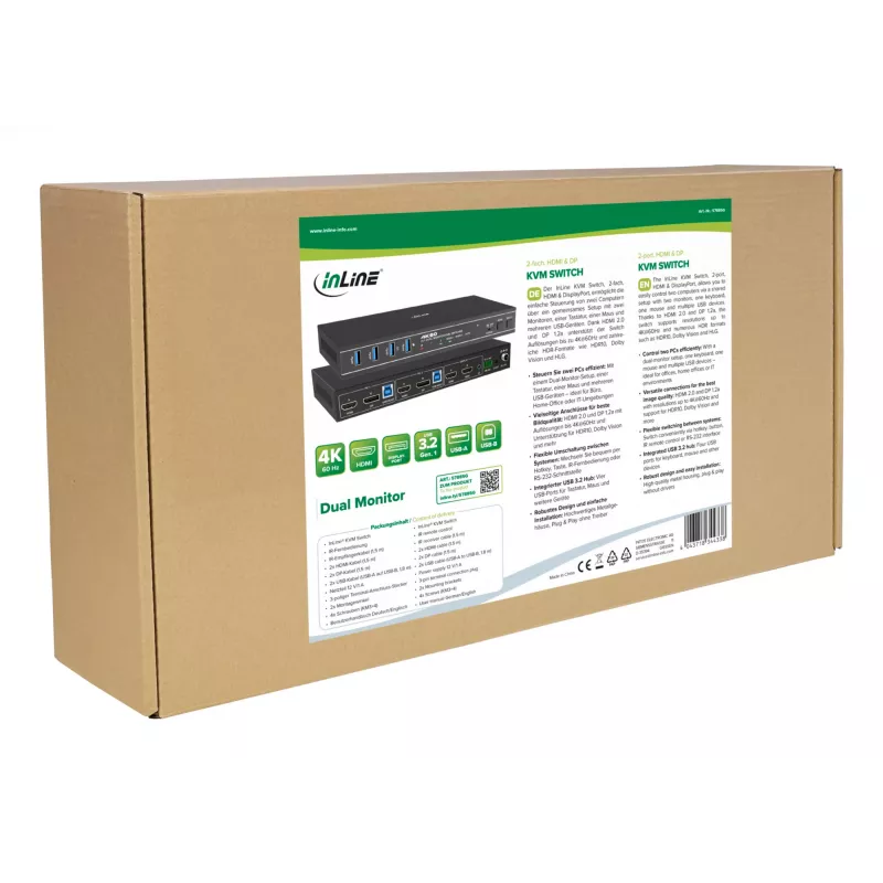 InLine 57885G KVM jungiklis, 2 prievadai, HDMI & DisplayPort, 4K@60Hz, dviejų monitorių, montavimui į stelažą, juodas
