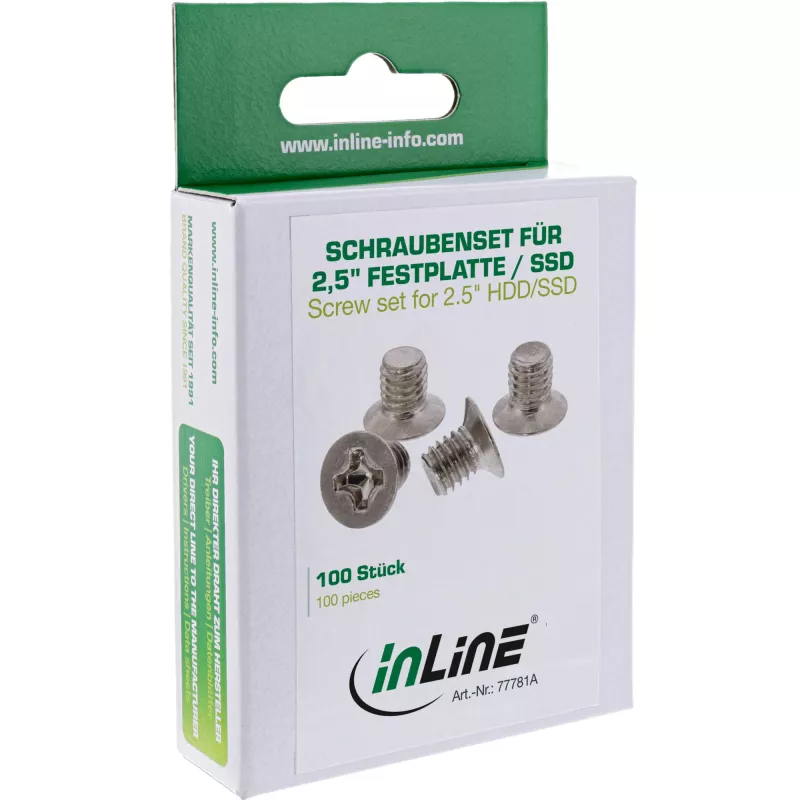 InLine varžtai 3,5 colio HDD/SSD tvirtinimui, 3 mm, plokščia galvutė, sidabriniai, 100 vnt. pakuotė