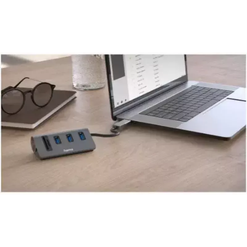 Hama 00200140 USB 3.2 Gen 1 dokų stotelė / USB šakotuvas su kortelių skaitytuvu, antracito juoda