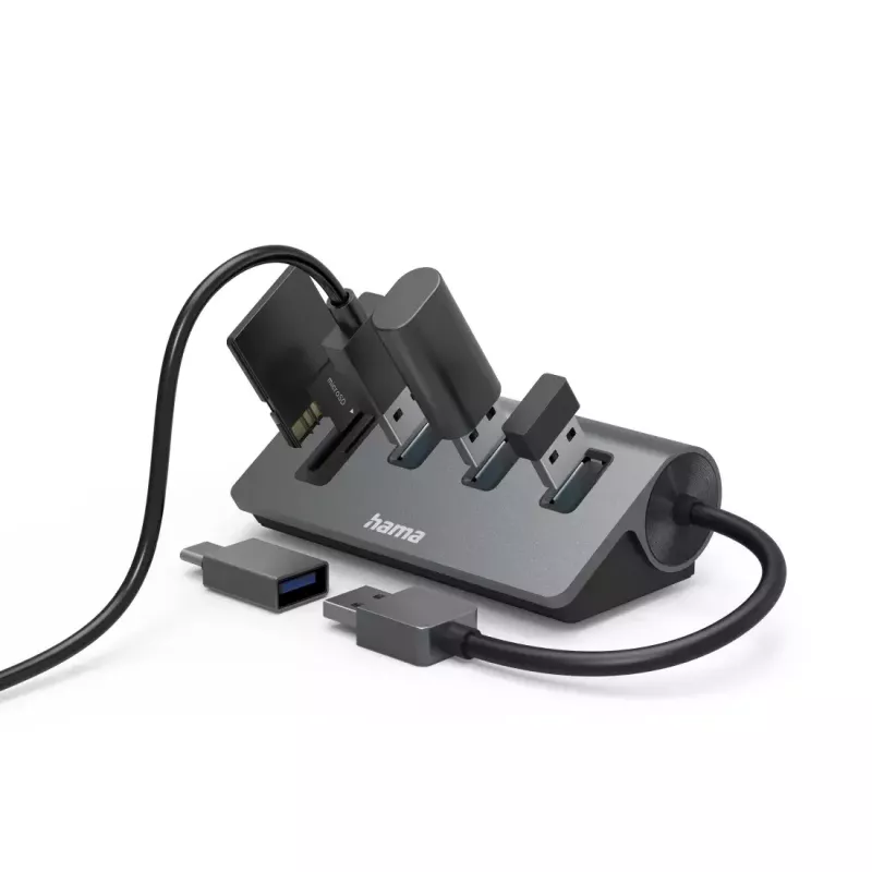 Hama 00200140 USB 3.2 Gen 1 dokų stotelė / USB šakotuvas su kortelių skaitytuvu, antracito juoda