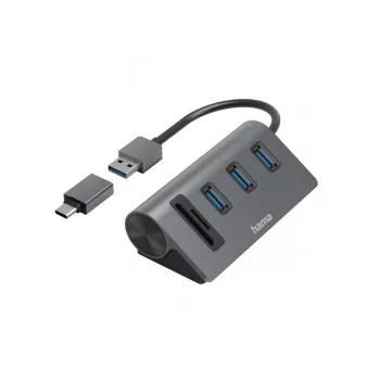 Hama 00200140 USB 3.2 Gen 1 dokų stotelė / USB šakotuvas su kortelių skaitytuvu, antracito juoda