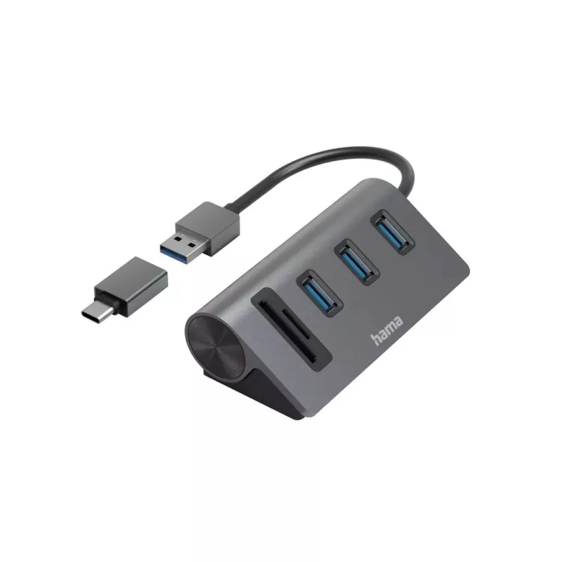 Hama 00200140 USB 3.2 Gen 1 dokų stotelė / USB šakotuvas su kortelių skaitytuvu, antracito juoda