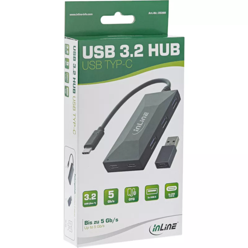 InLine USB 3.2 Gen.1 Hub, USB-C į 2 USB-C ir 3 USB-A prievadus, be maitinimo šaltinio