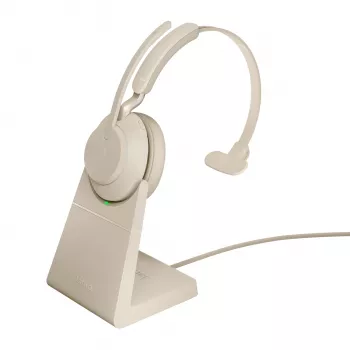 Jabra Evolve2 65 USB-C UC Chrg stand Mono - Smėlinė, belaidė, skirta biurui ir skambučių centrams, 20–20000 Hz, 99,2 g, ausinės, smėlinė