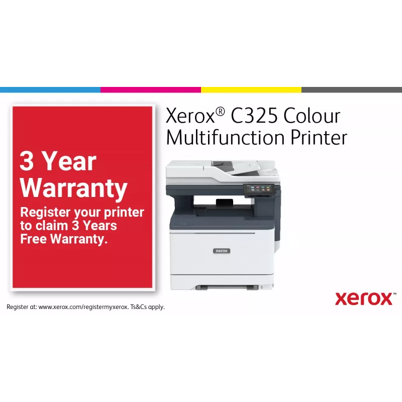 Xerox C325 A4 33ppm spalvotas daugiafunkcis įrenginys su belaidžiu ryšiu, dvipuse spauda, kopijavimu, skenavimu, faksu, PS3, PCL5e/6, 2 padėklai, 251 lapas