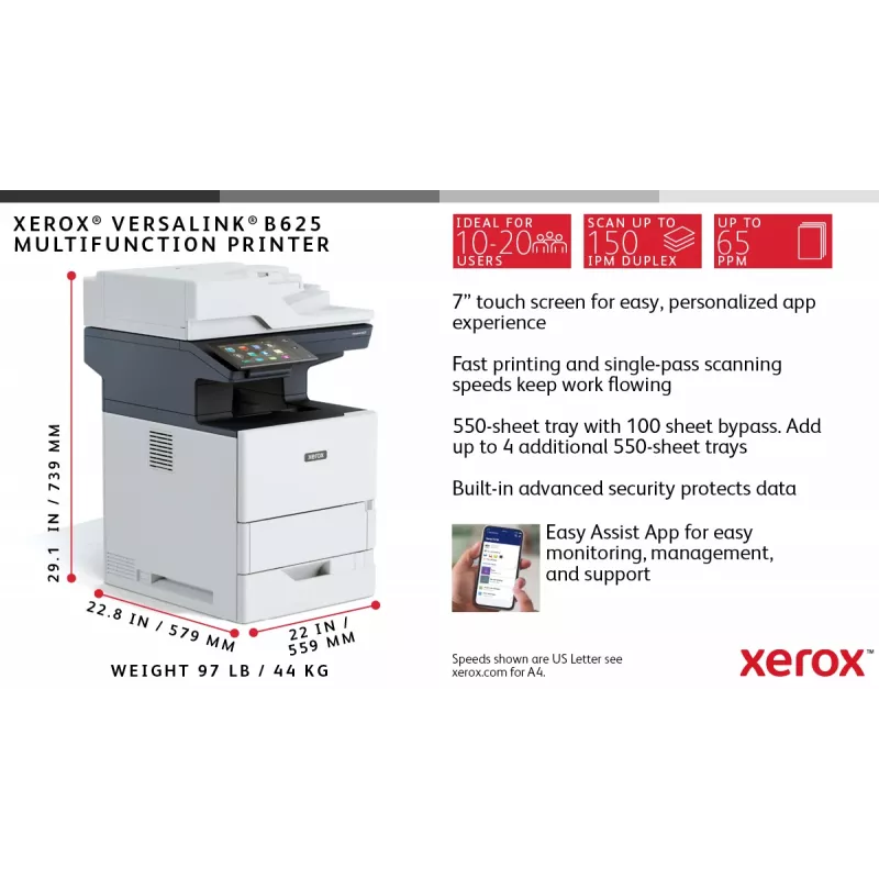 Xerox VersaLink B625 A4 daugiafunkcis įrenginys 61ppm kopijavimas/spausdinimas/nuskaitymas/faksas