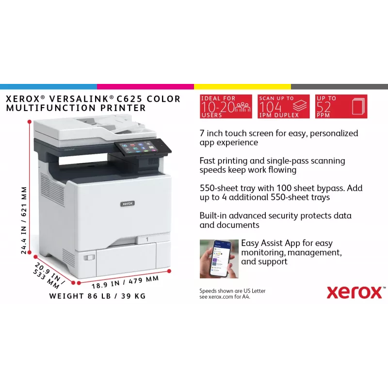Xerox VersaLink C625 spalvotas daugiafunkcis įrenginys A4, 50ppm, Dvipusis spausdinimas/kopijavimas/nuskaitymas/faksas, PS3, PCL5e/6, 2 padėklai, 650 lapų